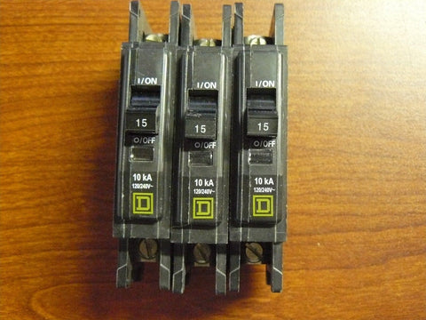 SQUARE D 1 POLE 15AMP TYPE QOU CIRCUIT BREAKER. Lot of 3